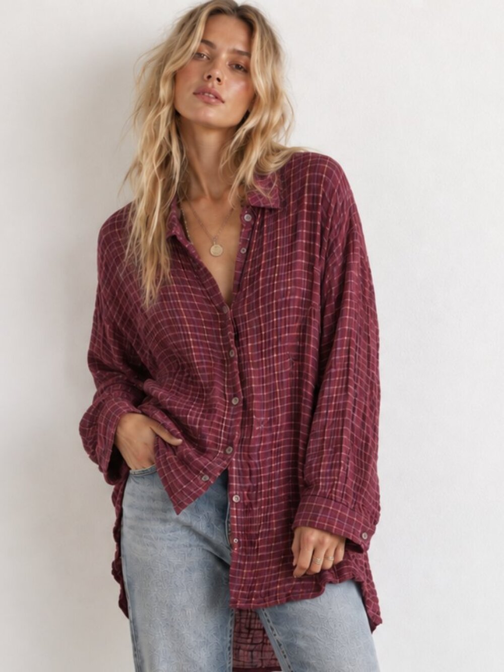 TOPSHOP Burgundy Gauze Plaid Oversized Long Sleeve Button Down High-Low Shirt